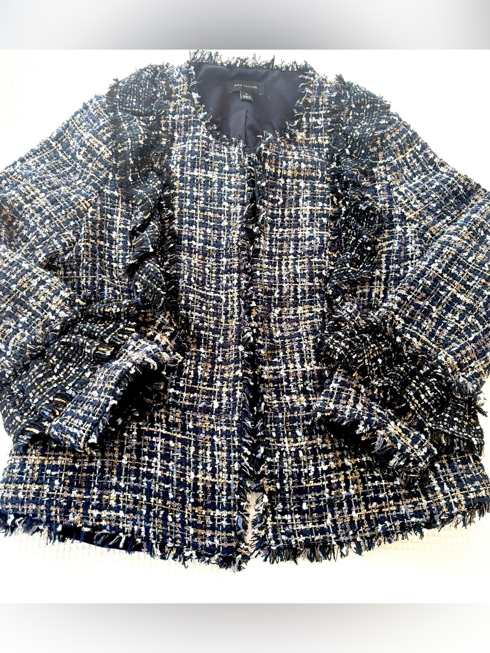 Ann Taylor Navy and White Tweed Fringe Blazer